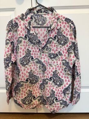 Printfresh Cream Pajama Top with Navy Tiger & Pink Accent Print